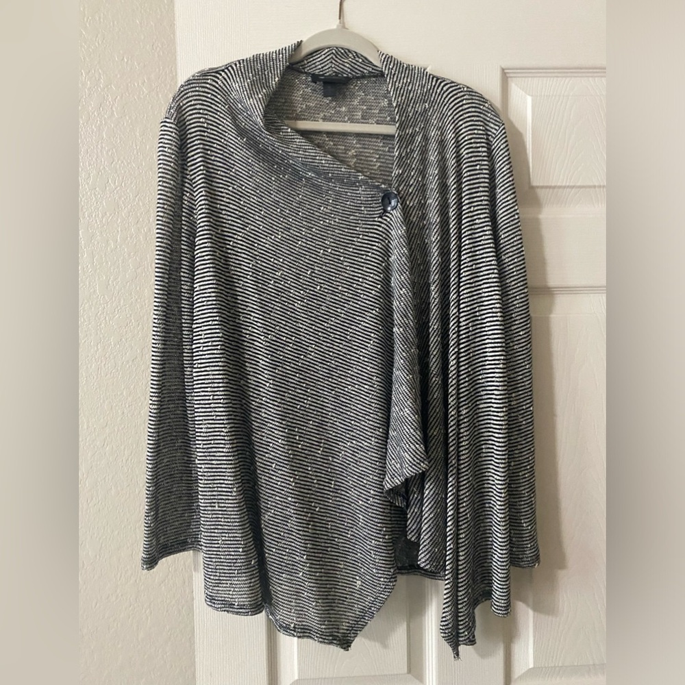 Black and white striped cardigan with side button closure